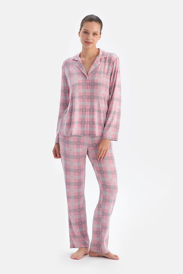 Soft Pembe Ekoseli Termal Gömlek Pantolon Pijama Takımı - 4
