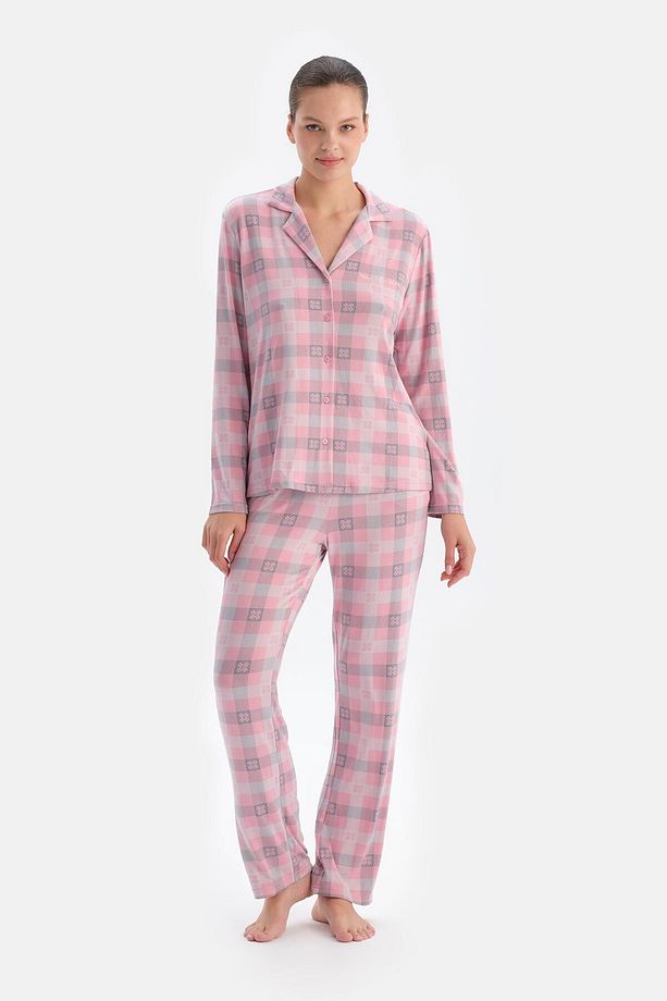 Soft Pembe Ekoseli Termal Gömlek Pantolon Pijama Takımı - 1