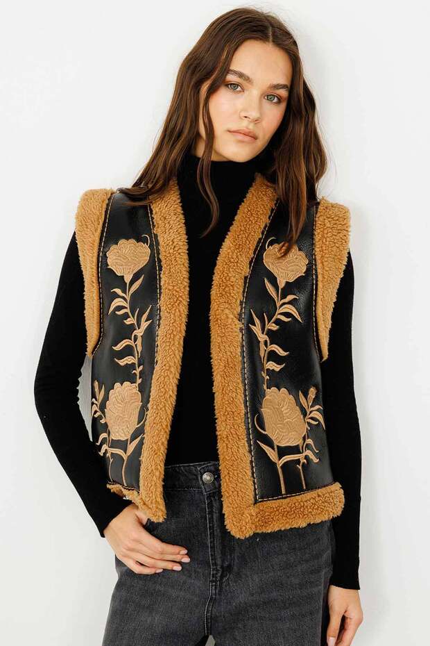 NAKIŞ İŞLEMELİ CAMEL KOVBOY YELEK - 7