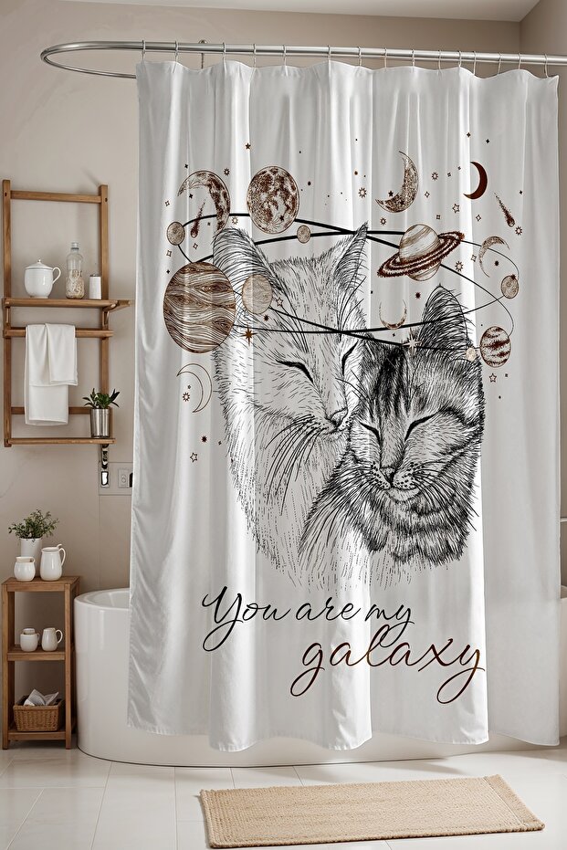 Bathroom Curtain, Bohemian Cats in the Galaxy Pattern Shower Curtain, Bathtub Curtain 175X200Cm