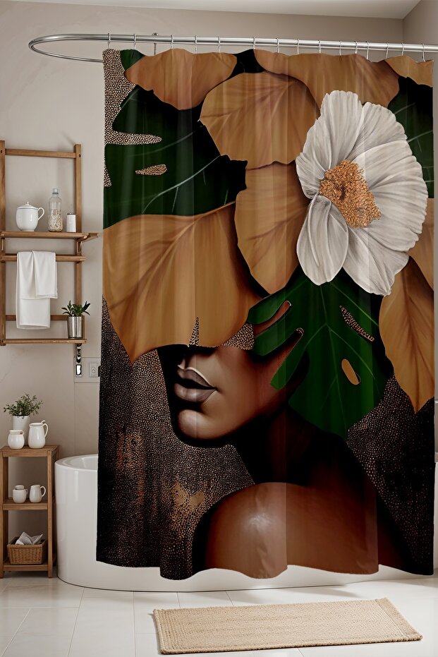 Bathroom Curtain, Brunette Woman with Leaf Hat Patterned Shower Curtain, Bathtub Curtain 175X200Cm
