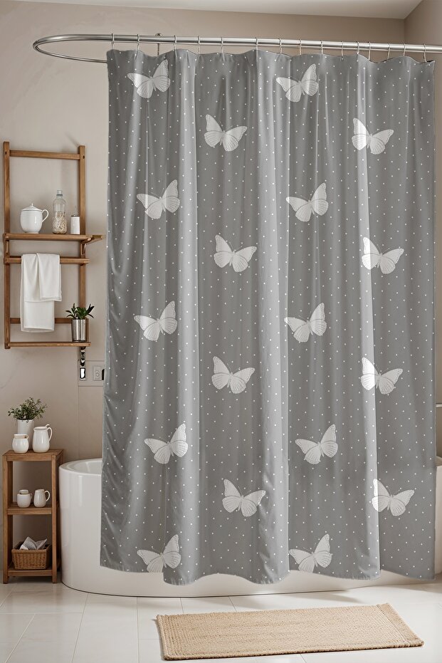 Bathroom Curtain, Gray Polka Dot Butterflies Patterned Shower Curtain, Bathtub Curtain 175X200Cm