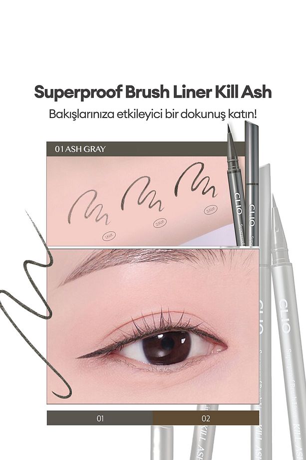 İnce, Mikrofiber Fırça Uçlu Kalem Eyeliner CLIO Superproof Brush Liner Kill Ash (001 Ash Gray) - 3