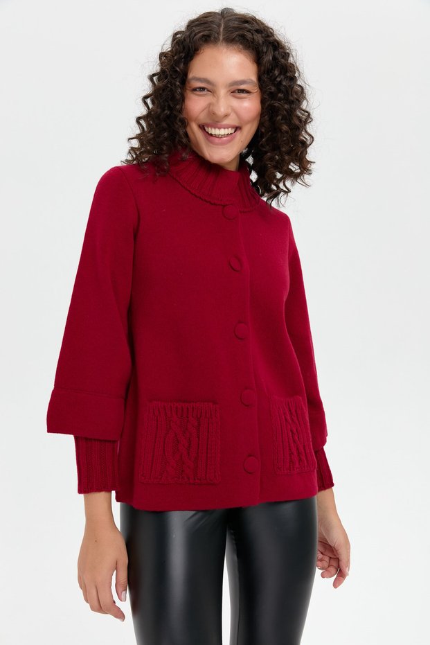 Women's Stand Collar Three Quarter Sleeve Short Wool Coat V.Çürüğü