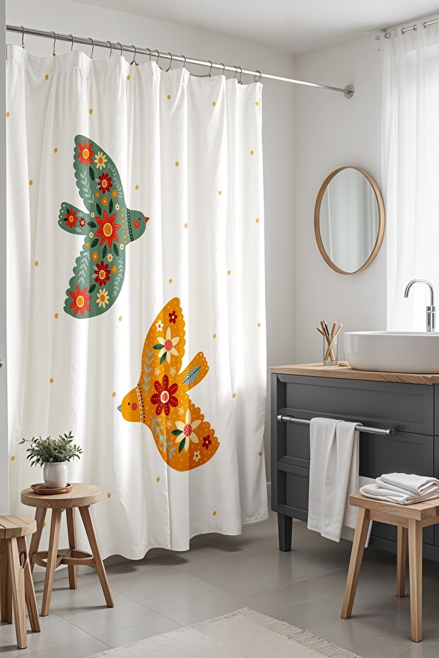 Ethnic Floral Birds Pattern Shower Curtain, 175X200Cm Size Bathroom Curtain