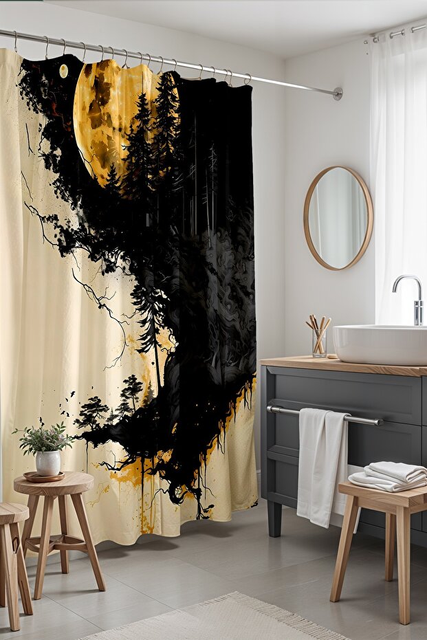 Bathroom Curtain, Yellow Moon Patterned Shower Curtain at Night, Bathtub Curtain 175X200Cm
