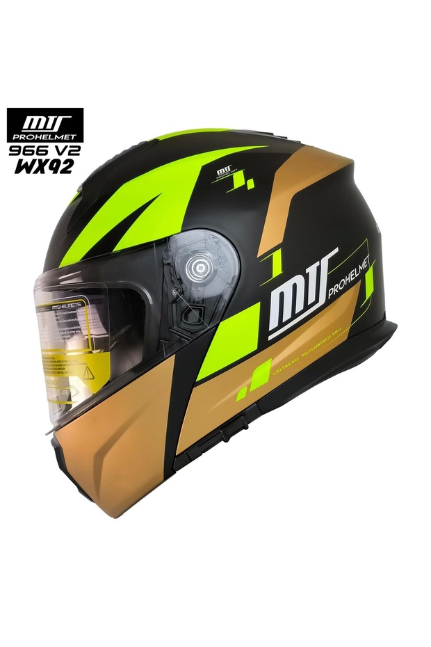 966 WX92 ÇENE AÇILIR MAT SİYAH-NEON-GOLD KASK - 1