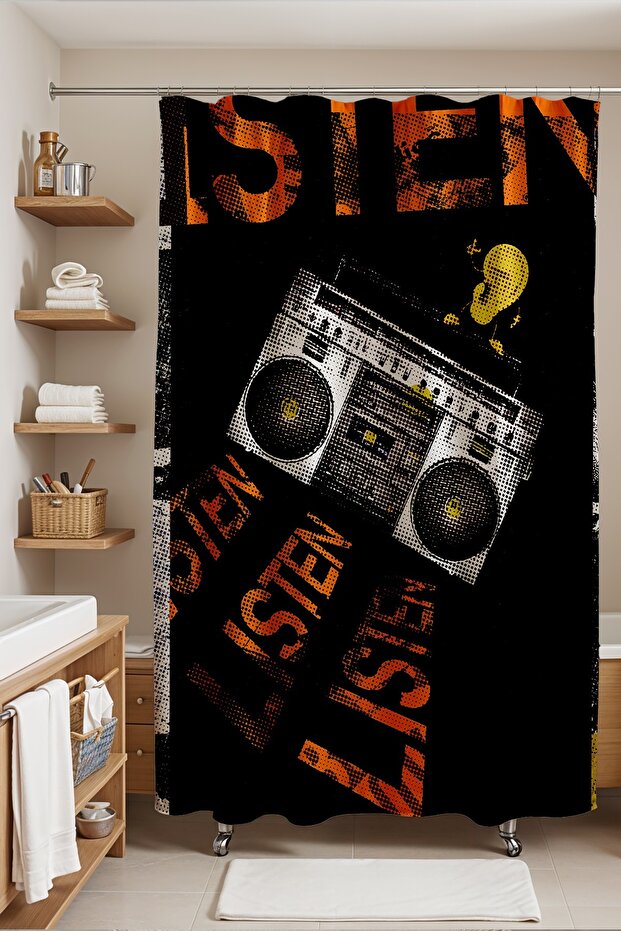 Bathroom Curtain, Retro Radio Pattern Shower Curtain, Bathtub Curtain 175X200Cm