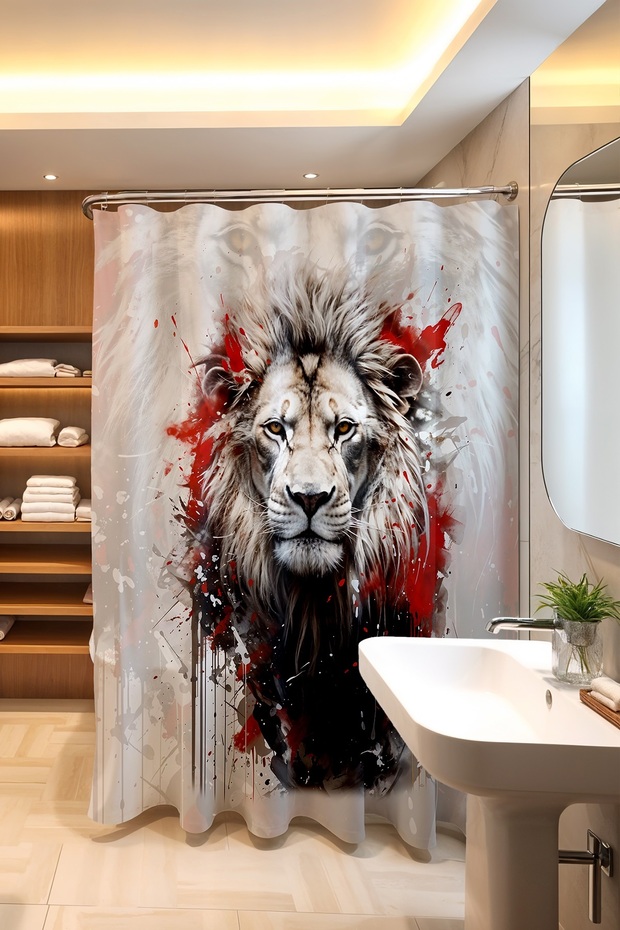 Bathroom Curtain, Red King Lion Pattern Shower Curtain, Bathtub Curtain 175X200Cm