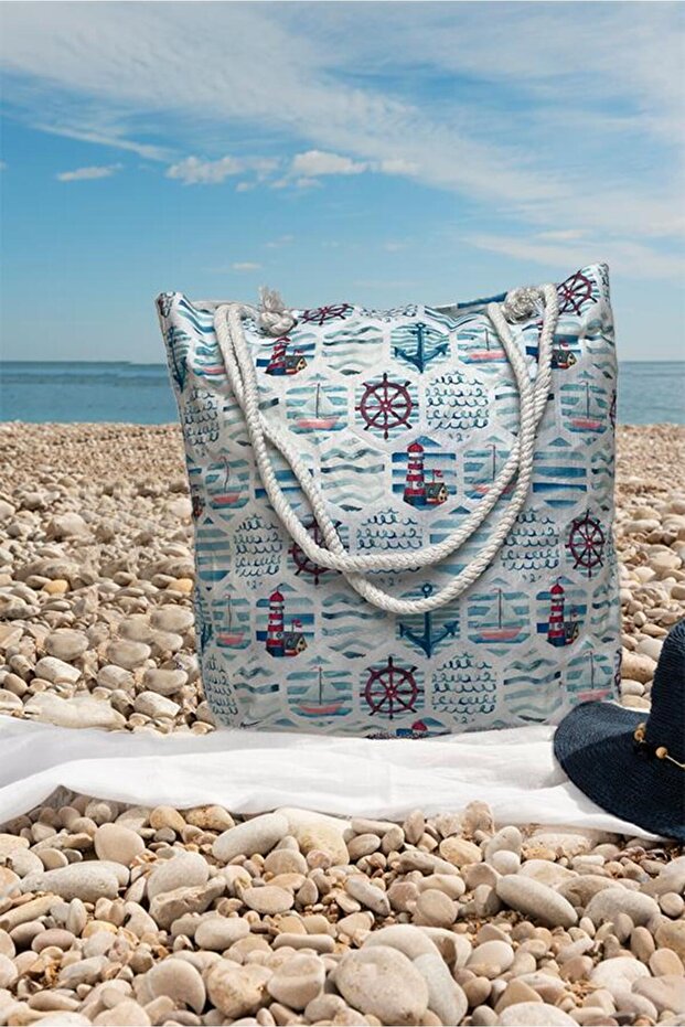 Sea Patterned Zippered Shoulder Strap 45X40 cm Blue Beach Bag