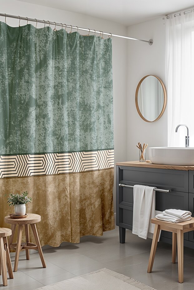 Bathroom Curtain, Ethnic Green Cream Abstract Patterned Patterned Shower Curtain, Bathtub Curtain 175X200Cm