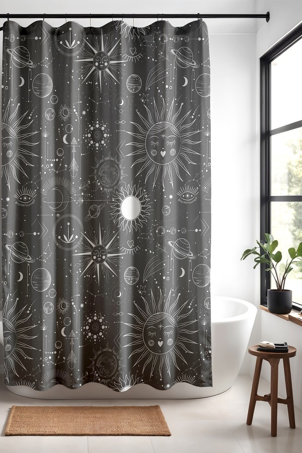 Gray Bohemian Standing Shaped Shower and Bathtub Curtain 175X200Cm