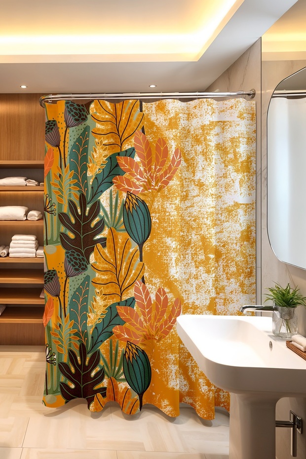 Bathroom Curtain, Yellow Side Botanical Pattern Shower Curtain, Bathtub Curtain 175X200Cm