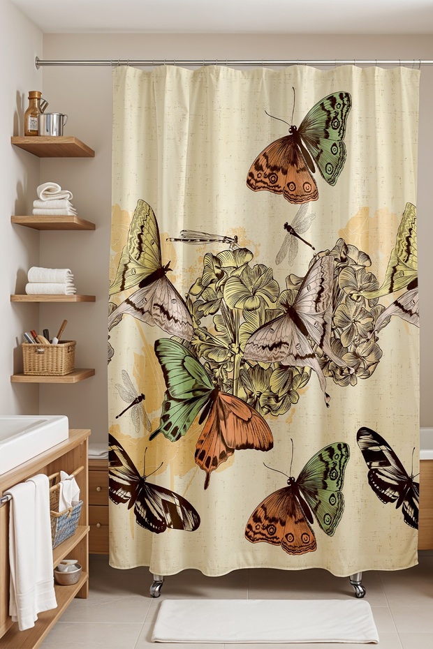 Bathroom Curtain, Bohemian Colorful Butterflies Patterned Shower Curtain, Bathtub Curtain 175X200Cm