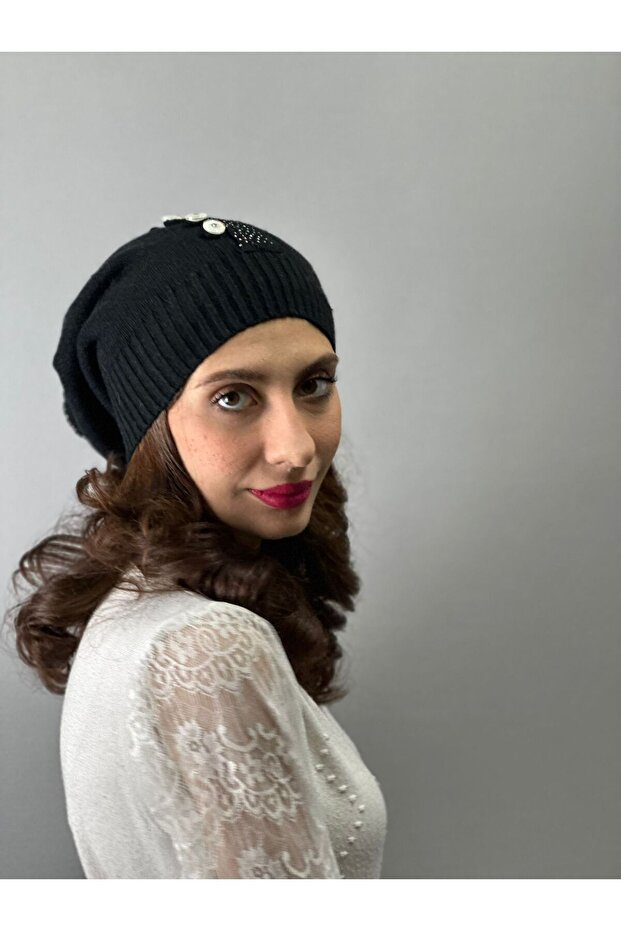 Women's Beather with Black Pompon and Stone Button Detail