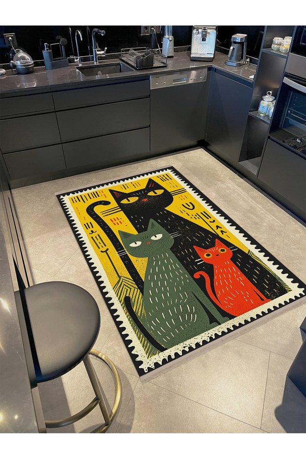 Schwan Collection Multicolored Cartoonist Cat Family Patterned Woven Base Modern Decorative Carpet 09