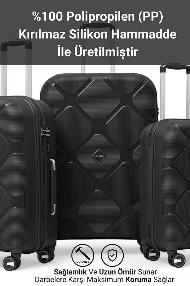 Silikon PP Kırılmaz 3'lü Siyah Lüx Valiz Seyahat Seti (Polipropilen) 990.09-Set - 3