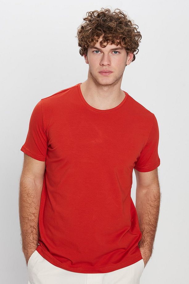 Erkek Slim Fit Dar Kesim Pamuklu Yumuşak Doku Likralı Esnek Kumaş Basic Kiremit Bisiklet Yaka Tişört - 4