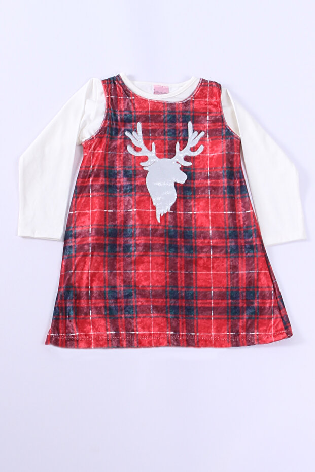 Velvet Plaid Print - Deer Embroidered Girl's Dress D7