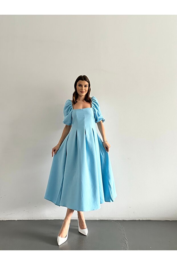 Square Neck Pleated Midi Length Dress