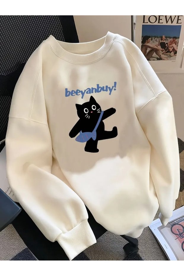 Women's White Beeyanbuy Printed Crew Neck Oversize Sweatshirt