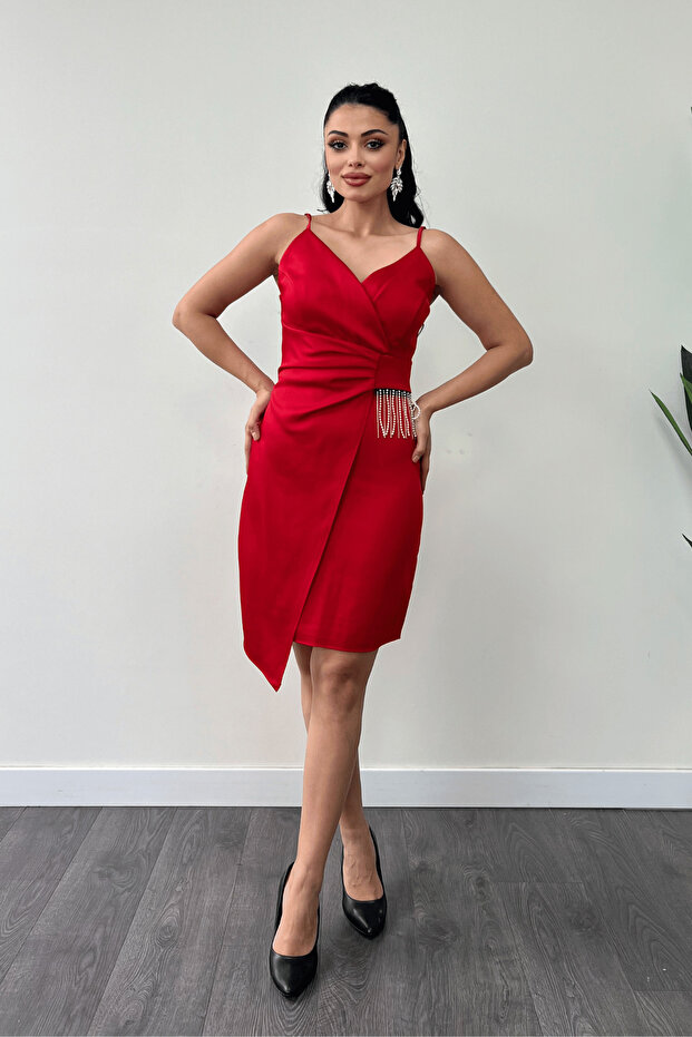 Satin Fabric Bead Detailed Dress - Red