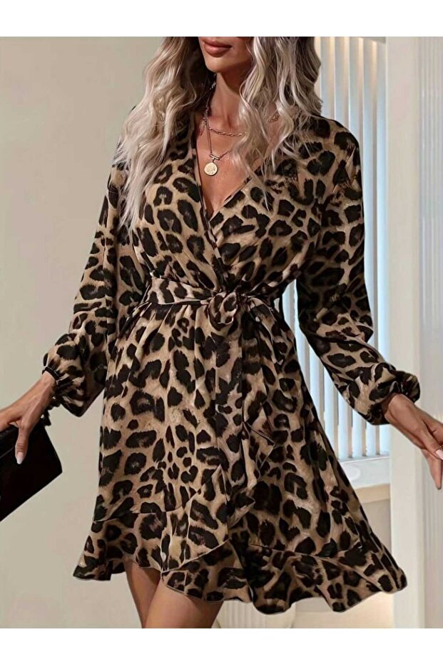Long Sleeve Double-Breasted Neck Belted Leopard Printed Scuba Dress - Brown