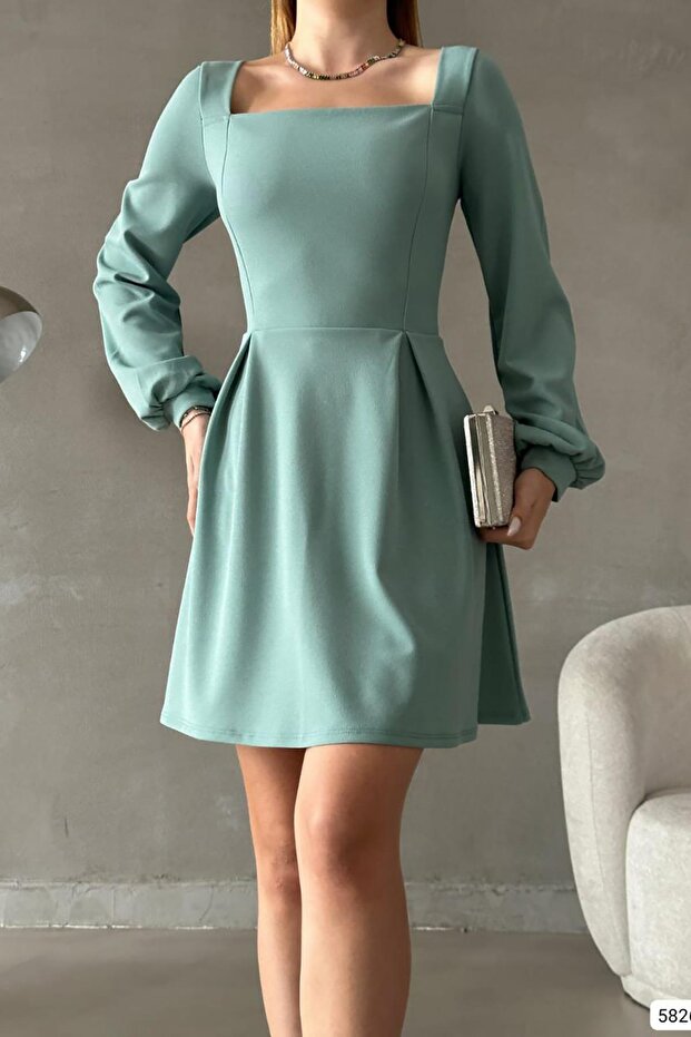 Mint Kare Yaka Uzun Kol İthal Krep Kumaş Basic Elbise - 1