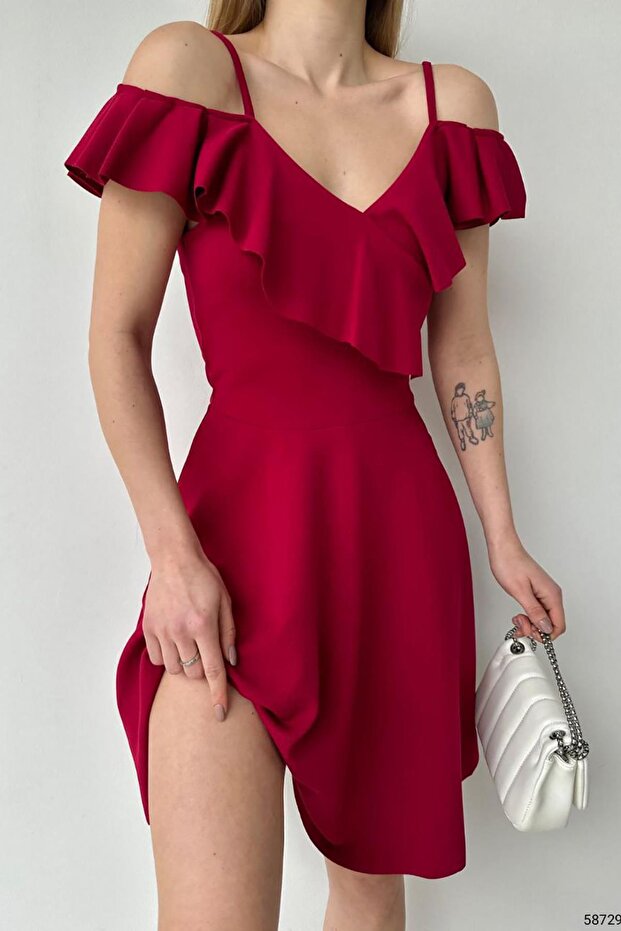 Rochie vișiniu cu umeri cu volan - 4