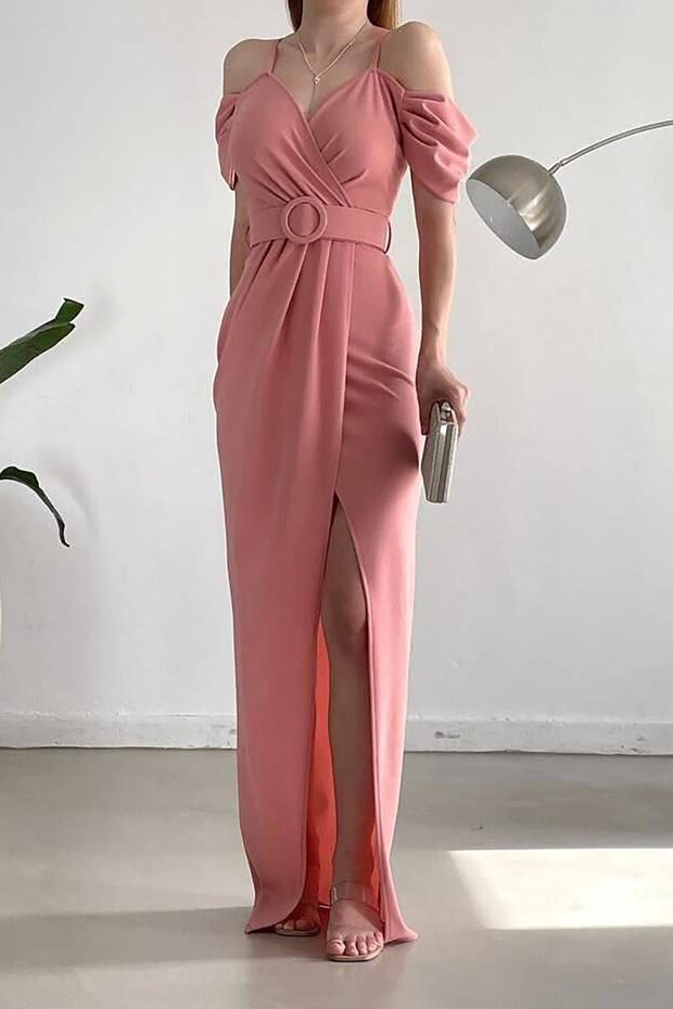 Powder Crepe Fabric Double Breasted Collar Slit Belted Dress