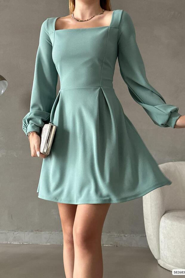 Mint Kare Yaka Uzun Kol İthal Krep Kumaş Basic Elbise - 4