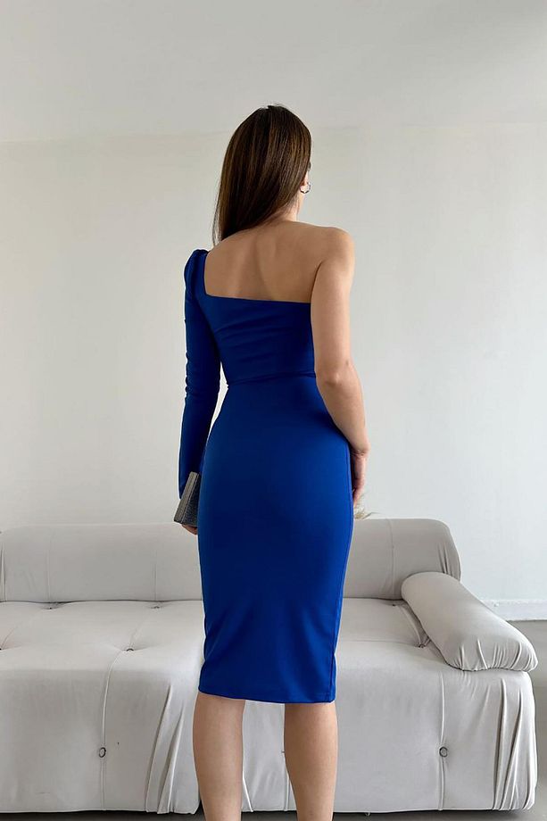 Saks Mavisi Tek Kol Midi Boy Krep Kumaş Elbise - 5