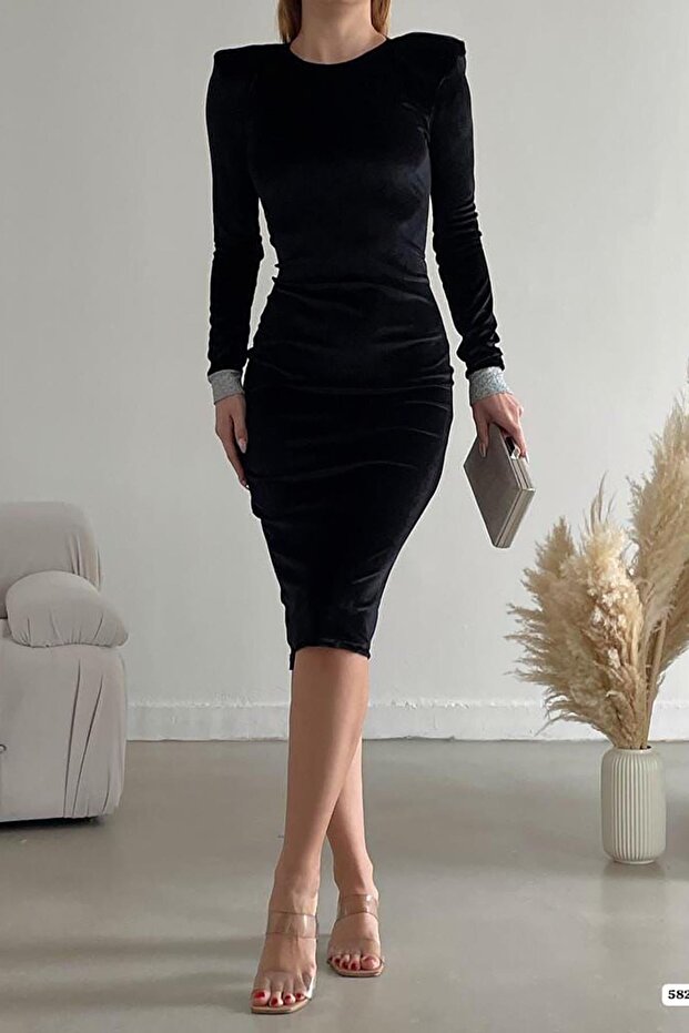 Fekete ujjú részletes Midi hosszúságú bársonyszövet hosszú ujjú ruha - 6