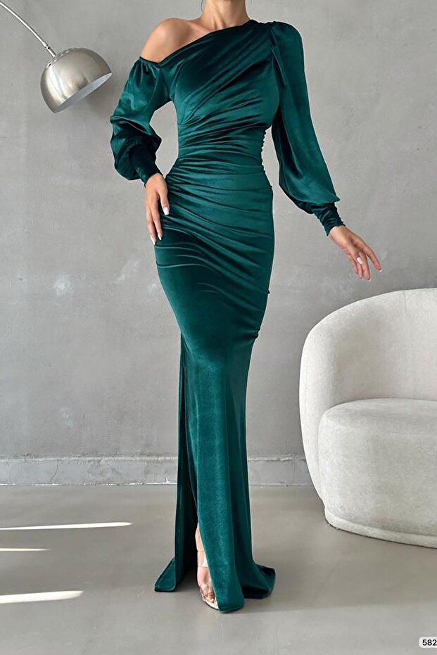Zielona sukienka z odkrytymi ramionami, z aksamitnej tkaniny, długość maxi, z długim rękawem - 6