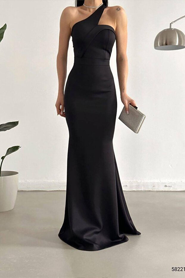 Black Scuba Fabric Cross Collar Strap Fish Dress Evening Dress