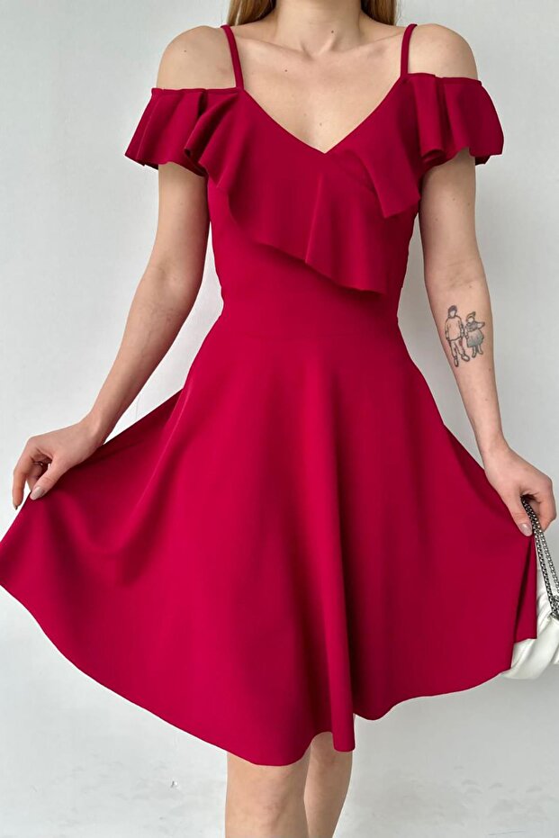 Rochie vișiniu cu umeri cu volan - 2