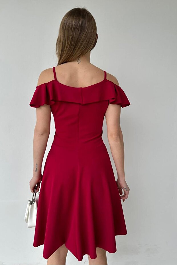 Rochie vișiniu cu umeri cu volan - 5