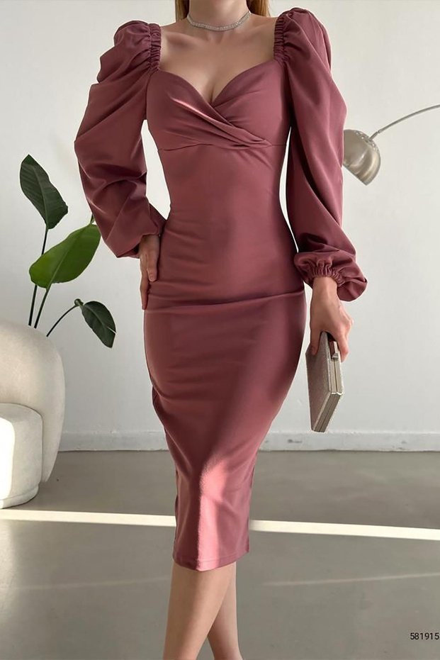 Dried Rose Princess Sleeve Slit Detailed Heart Collar Midi Dress