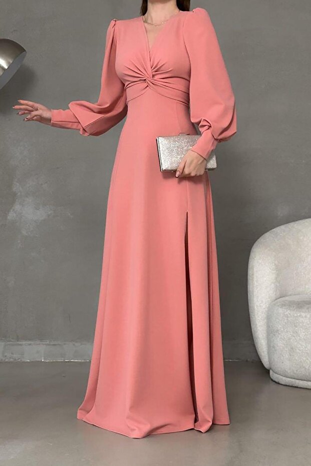 Púder krepp szövet elülső csomó részlet Maxi hosszúságú, hosszú ujjú dupla hasított ruha - 1