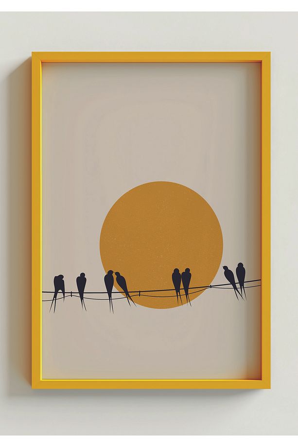Doğal Ahşap Çerçeveli Ağaç Kuş Güneş Desenli 3'lü Minimalist Tablo - 6