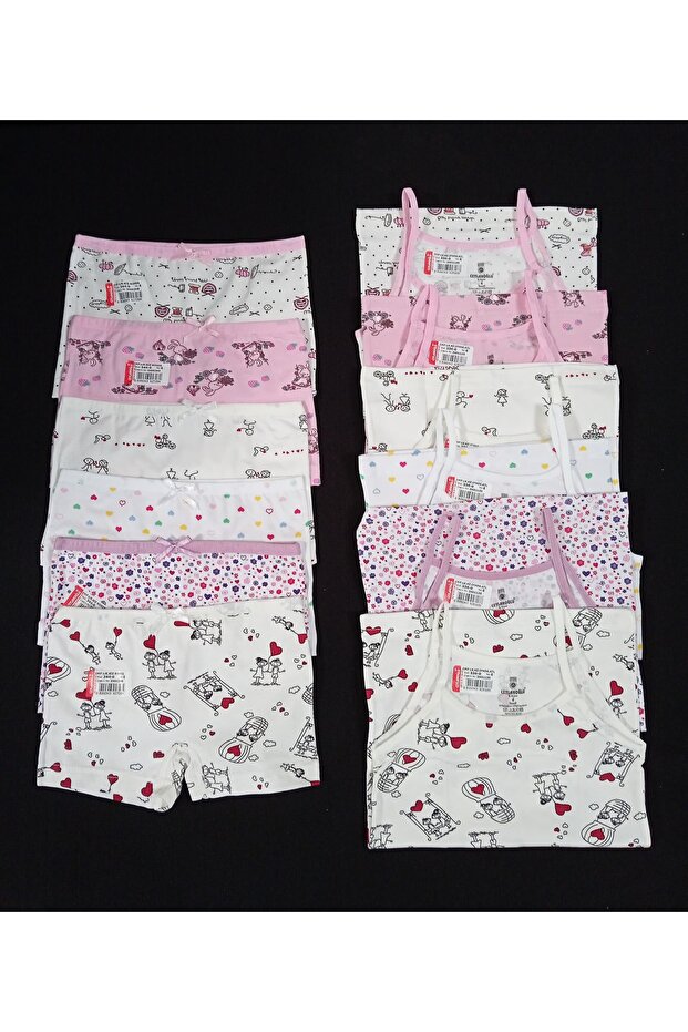 Girls' Patterned Lycra Combed Cotton Boxer Undershirt Set - 3