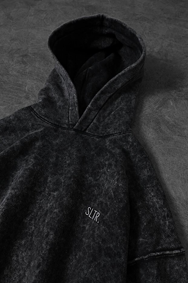 Erkek Antrasit Basic Yıkamalı Kapüşonlu Oversize Sweatshirt - 2