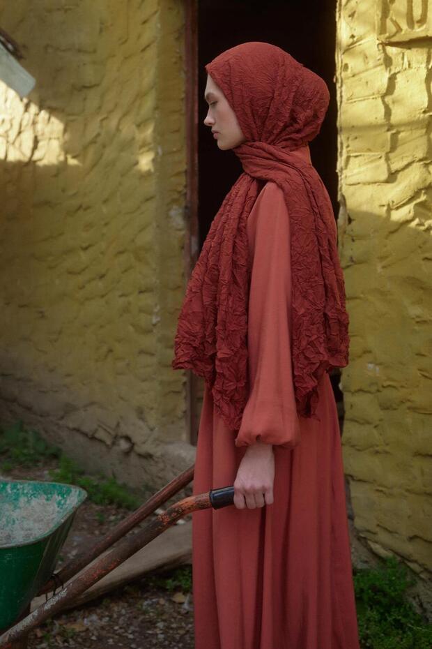 Brick Color Voile Shawl - 6