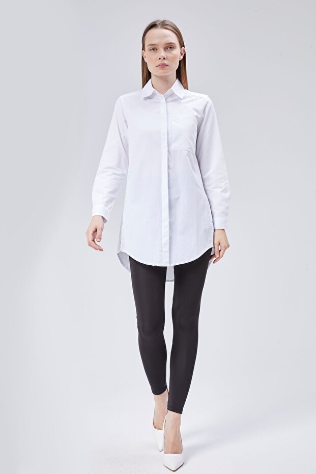 Beyaz Oversize Uzun Basic Poplin Gömlek - Beyaz - 4