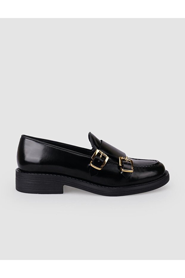 100% Genuine Leather Black Double Buckle Women's Casual Shoes