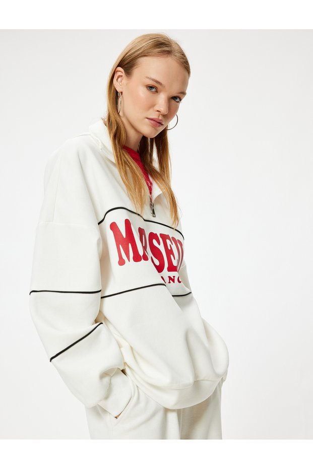 Oversize Sweatshirt with Half Zipper, College Print, Embossed
