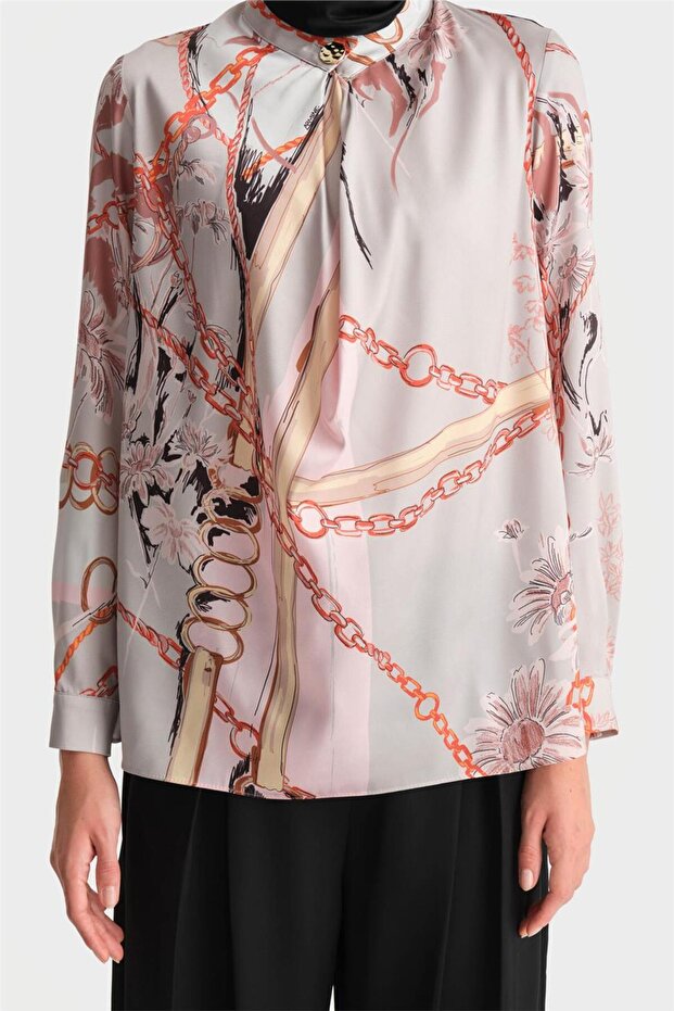 Collared Draped Patterned Blouse 24K3617 Mink - 5