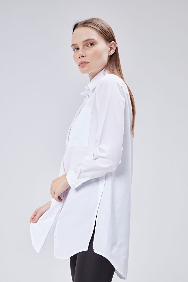 Beyaz Oversize Uzun Basic Poplin Gömlek - Beyaz - 5