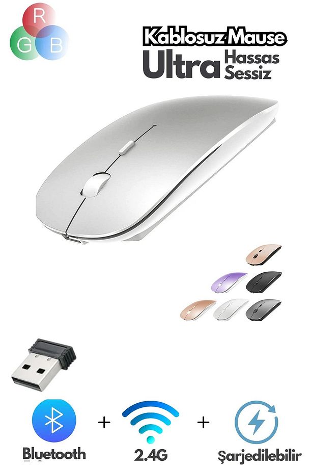 Rgb Bluetooth Led Işıklı Şarjlı Kablosuz Mouse Maus Fare Sessiz 2.4 Ghz Usb Wireless - 2