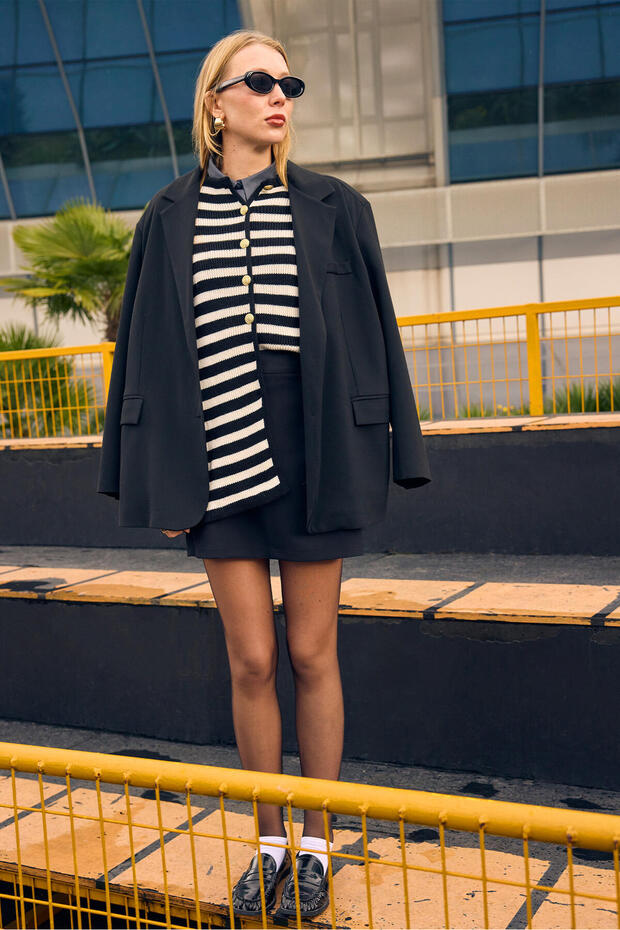 Gold Buttoned Striped Long Cardigan